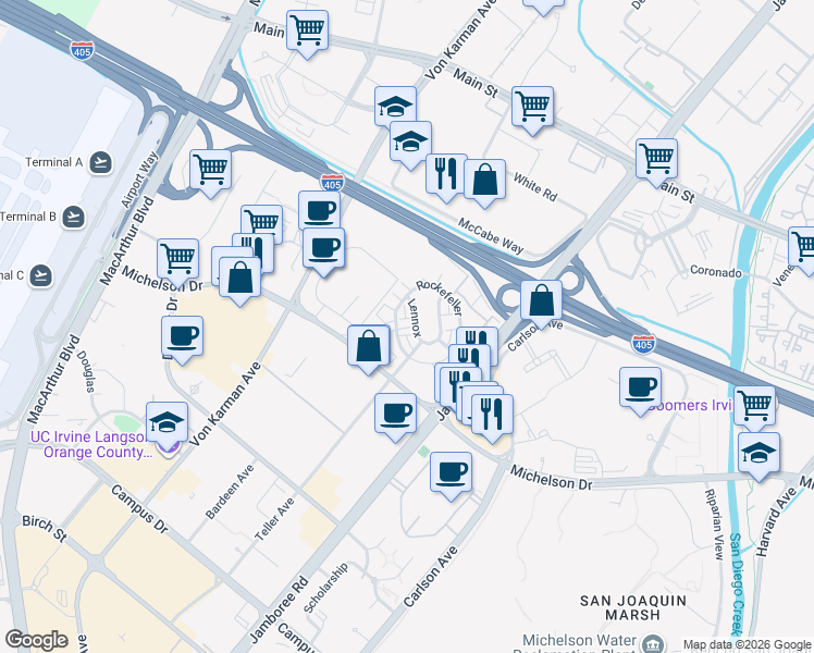 map of restaurants, bars, coffee shops, grocery stores, and more near 808 Rockefeller in Irvine