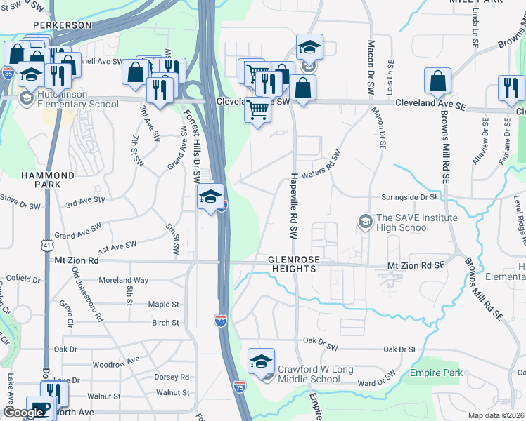 map of restaurants, bars, coffee shops, grocery stores, and more near 2911 Waters Road Southwest in Atlanta