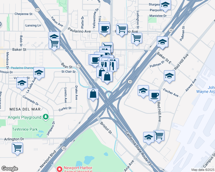 map of restaurants, bars, coffee shops, grocery stores, and more near 2900 Bristol Street in Costa Mesa