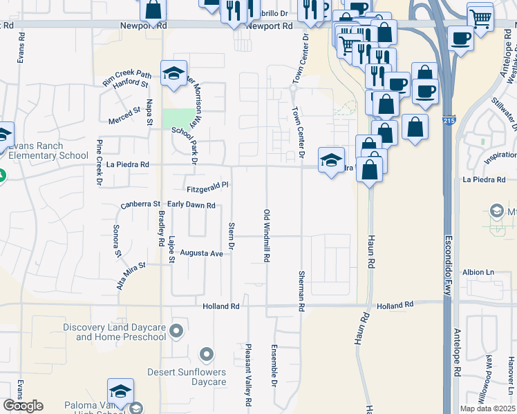 map of restaurants, bars, coffee shops, grocery stores, and more near 30645 Old Windmill Road in Menifee
