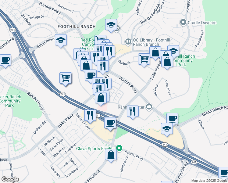 map of restaurants, bars, coffee shops, grocery stores, and more near 126 Primrose Drive in Lake Forest