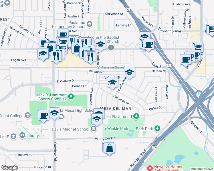 map of restaurants, bars, coffee shops, grocery stores, and more near 1030 Palmetto Way in Costa Mesa