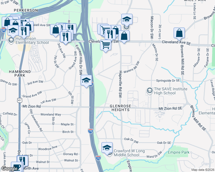 map of restaurants, bars, coffee shops, grocery stores, and more near 2911 Waters Road Southwest in Atlanta