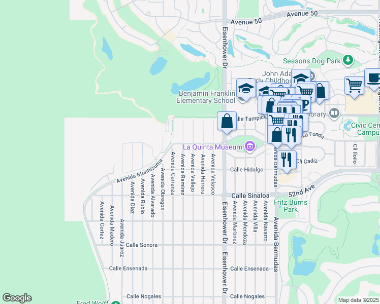 map of restaurants, bars, coffee shops, grocery stores, and more near 51380 Avenue Ramirez in La Quinta