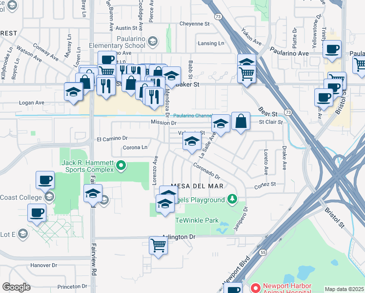 map of restaurants, bars, coffee shops, grocery stores, and more near 1030 Palmetto Way in Costa Mesa