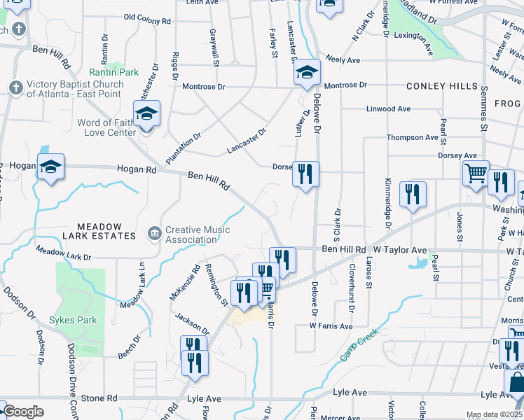 map of restaurants, bars, coffee shops, grocery stores, and more near 2183 Ben Hill Road in East Point