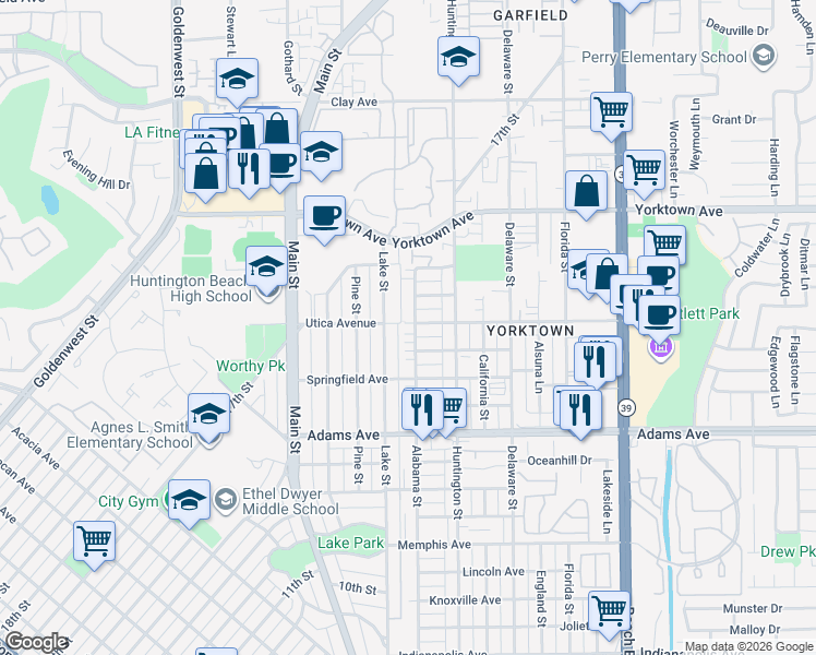 map of restaurants, bars, coffee shops, grocery stores, and more near in Huntington Beach