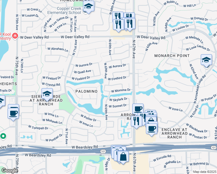 map of restaurants, bars, coffee shops, grocery stores, and more near 6919 West Monona Drive in Glendale