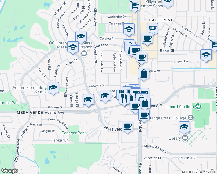 map of restaurants, bars, coffee shops, grocery stores, and more near 1605 Ponderosa Street in Costa Mesa