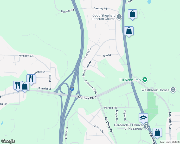 map of restaurants, bars, coffee shops, grocery stores, and more near 2070 Highland Drive in Gardendale