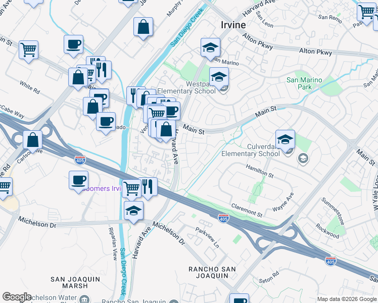 map of restaurants, bars, coffee shops, grocery stores, and more near 3 Almador in Irvine