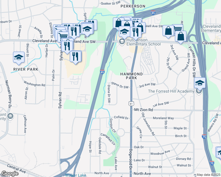 map of restaurants, bars, coffee shops, grocery stores, and more near 2910 Diana Drive Southwest in Atlanta