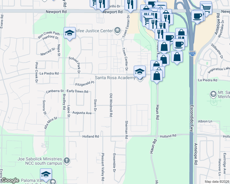 map of restaurants, bars, coffee shops, grocery stores, and more near 30640 Old Windmill Road in Menifee