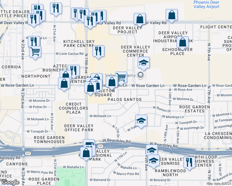 map of restaurants, bars, coffee shops, grocery stores, and more near 1731 West Rose Garden Lane in Phoenix