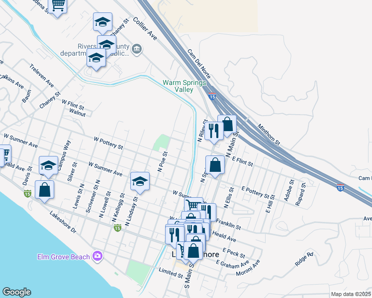 map of restaurants, bars, coffee shops, grocery stores, and more near 407 North Riley Street in Lake Elsinore