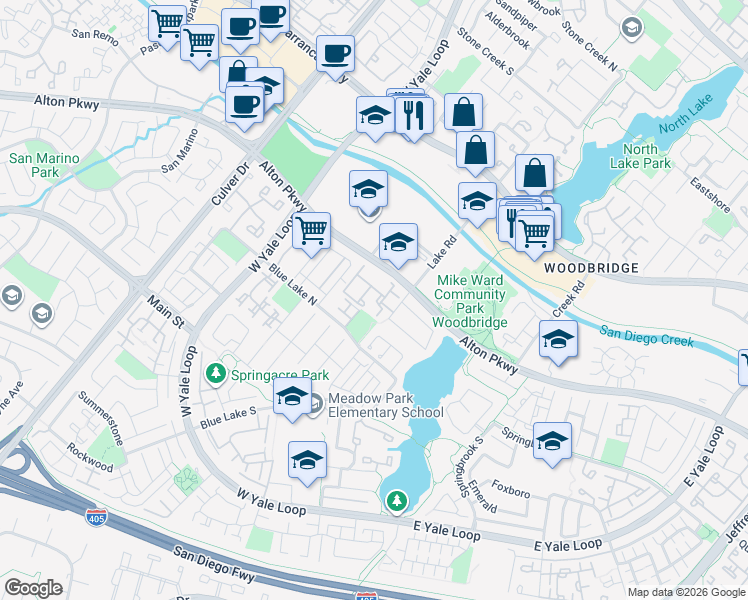 map of restaurants, bars, coffee shops, grocery stores, and more near 83 Smokestone in Irvine
