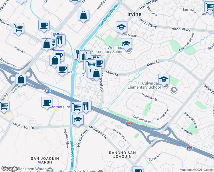 map of restaurants, bars, coffee shops, grocery stores, and more near in Irvine