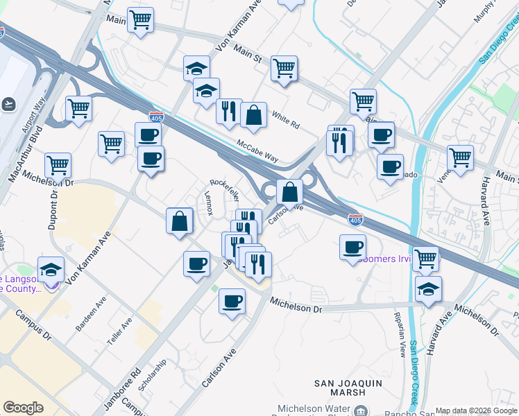map of restaurants, bars, coffee shops, grocery stores, and more near 124 Tribeca in Irvine