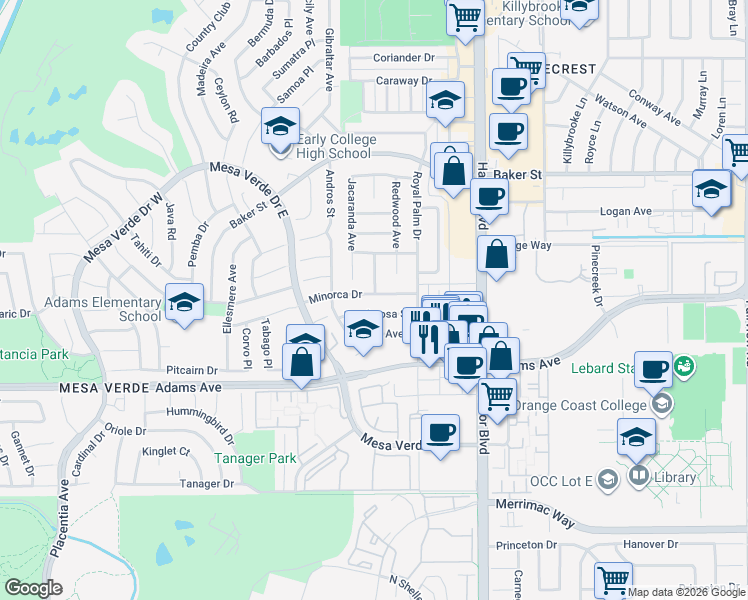 map of restaurants, bars, coffee shops, grocery stores, and more near 1605 Ponderosa Street in Costa Mesa