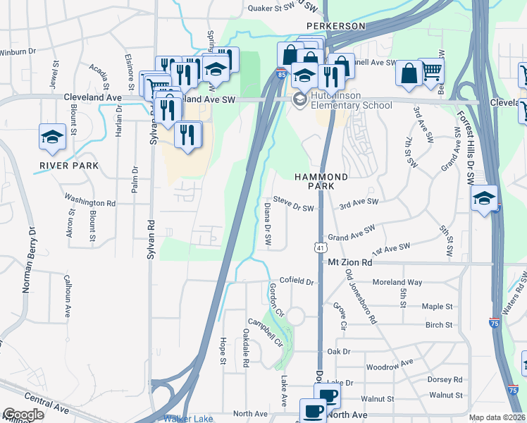 map of restaurants, bars, coffee shops, grocery stores, and more near 2925 Diana Drive Southwest in Atlanta