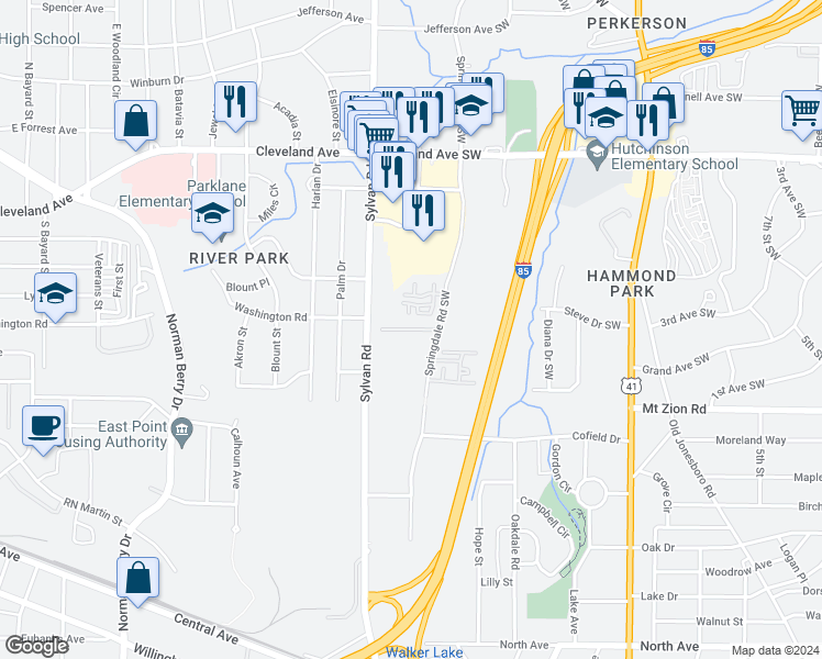 map of restaurants, bars, coffee shops, grocery stores, and more near 2939 Springdale Road Southwest in Atlanta