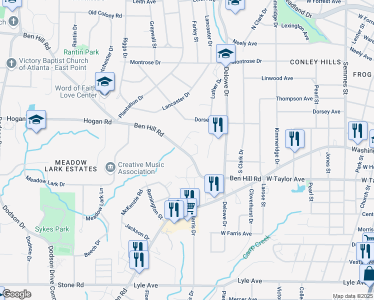map of restaurants, bars, coffee shops, grocery stores, and more near 2183 Ben Hill Road in East Point
