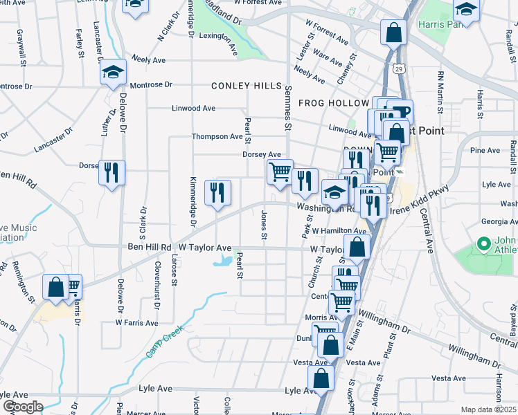 map of restaurants, bars, coffee shops, grocery stores, and more near 1852 Washington Road in Atlanta