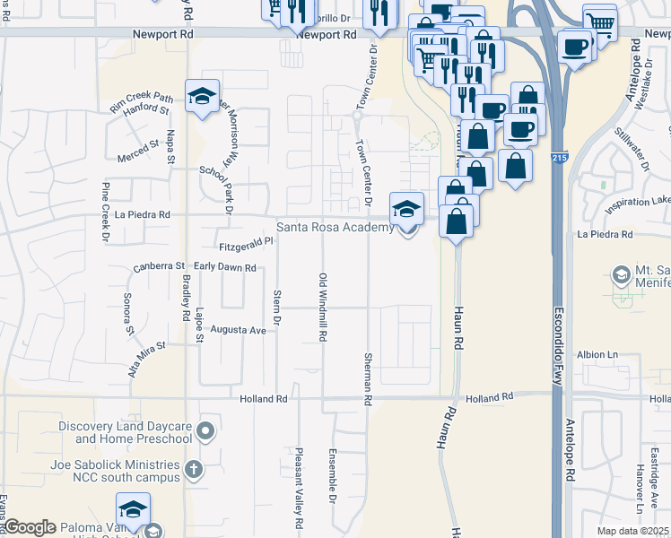 map of restaurants, bars, coffee shops, grocery stores, and more near 30640 Old Windmill Road in Menifee