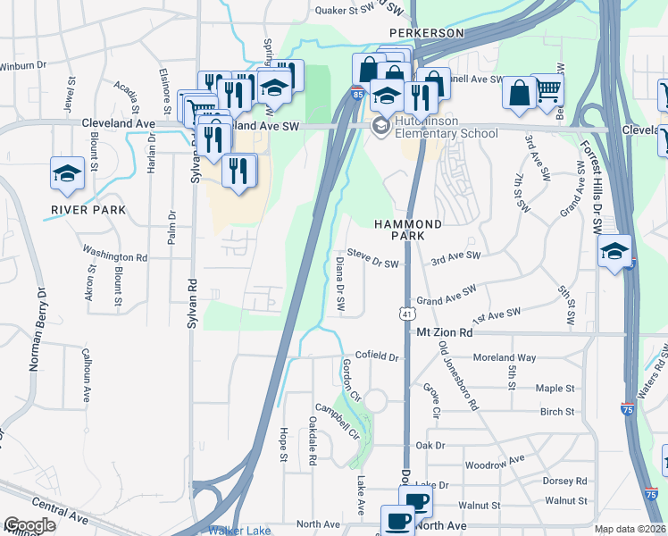 map of restaurants, bars, coffee shops, grocery stores, and more near 2925 Diana Drive Southwest in Atlanta