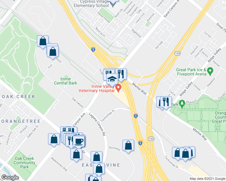 map of restaurants, bars, coffee shops, grocery stores, and more near in Irvine