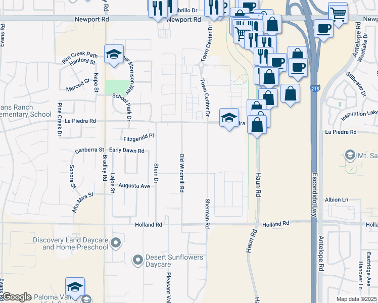 map of restaurants, bars, coffee shops, grocery stores, and more near 30640 Old Windmill Road in Menifee