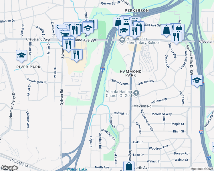 map of restaurants, bars, coffee shops, grocery stores, and more near 2909 Diana Drive Southwest in Atlanta