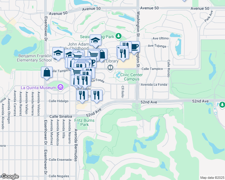 map of restaurants, bars, coffee shops, grocery stores, and more near 51320 Calle Guatemala in La Quinta