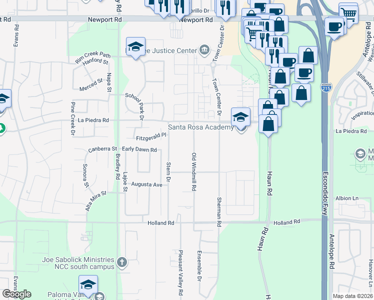 map of restaurants, bars, coffee shops, grocery stores, and more near 30675 Old Windmill Road in Menifee
