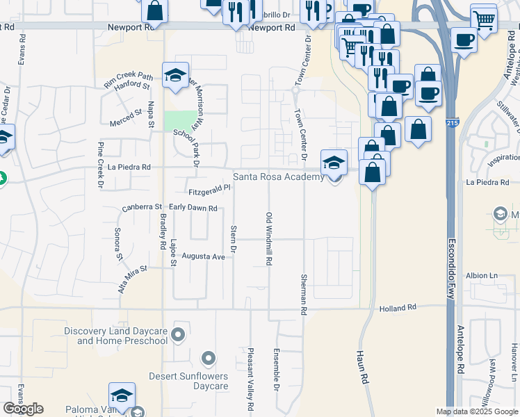 map of restaurants, bars, coffee shops, grocery stores, and more near 30645 Old Windmill Road in Menifee