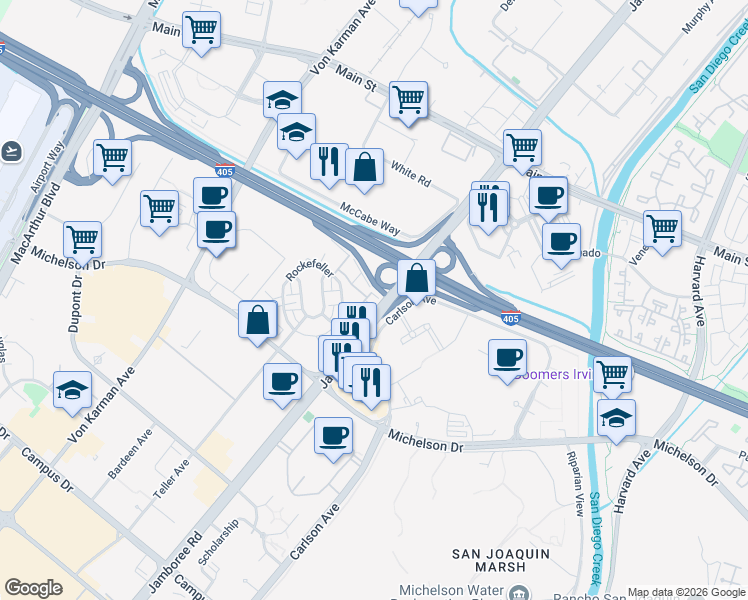 map of restaurants, bars, coffee shops, grocery stores, and more near 202 Tribeca in Irvine