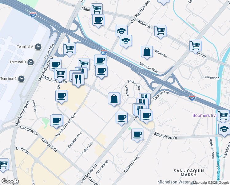 map of restaurants, bars, coffee shops, grocery stores, and more near 99 Waldorf in Irvine