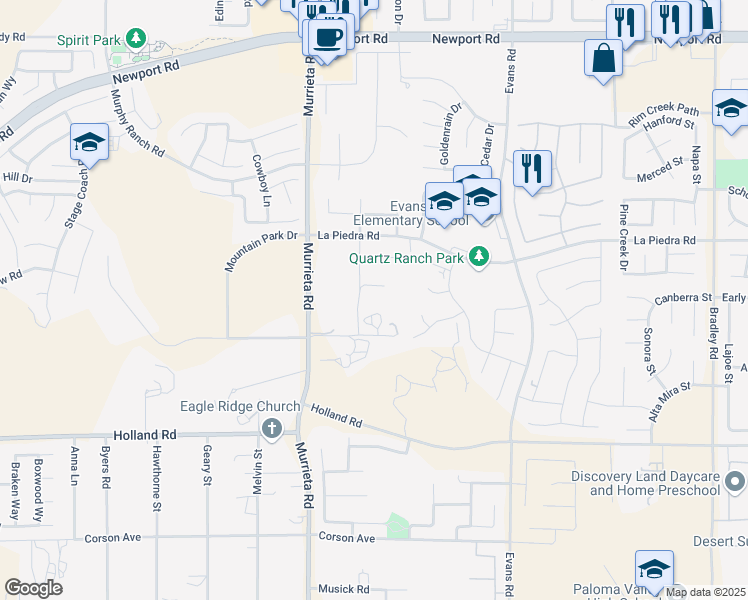 map of restaurants, bars, coffee shops, grocery stores, and more near 30600 Phoebe Road in Menifee
