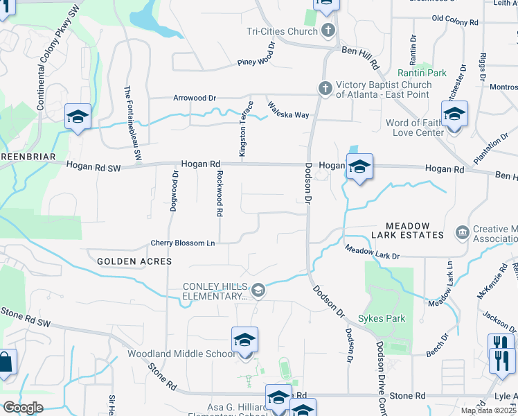 map of restaurants, bars, coffee shops, grocery stores, and more near 2795 Dodson Lee Drive in East Point
