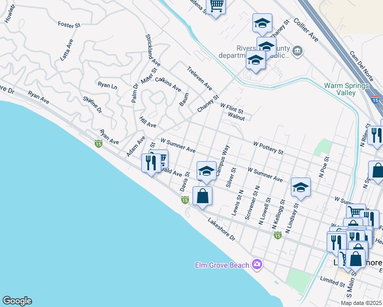 map of restaurants, bars, coffee shops, grocery stores, and more near 1400 West Sumner Avenue in Lake Elsinore