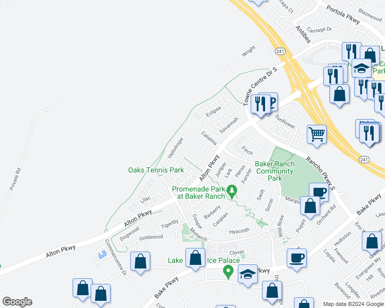 map of restaurants, bars, coffee shops, grocery stores, and more near 38 Torosa in Lake Forest