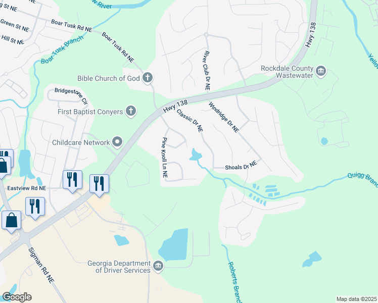 map of restaurants, bars, coffee shops, grocery stores, and more near 1200 Lakewood Drive Northeast in Conyers