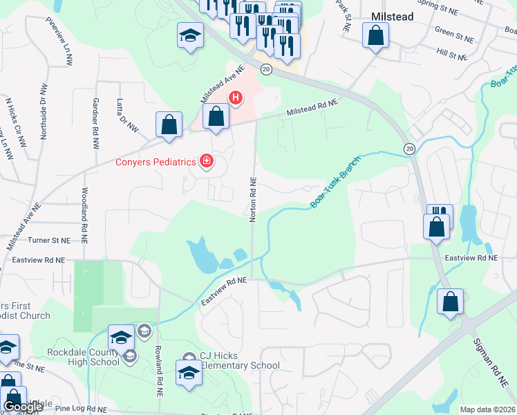 map of restaurants, bars, coffee shops, grocery stores, and more near 1170 Norton Road Northeast in Conyers