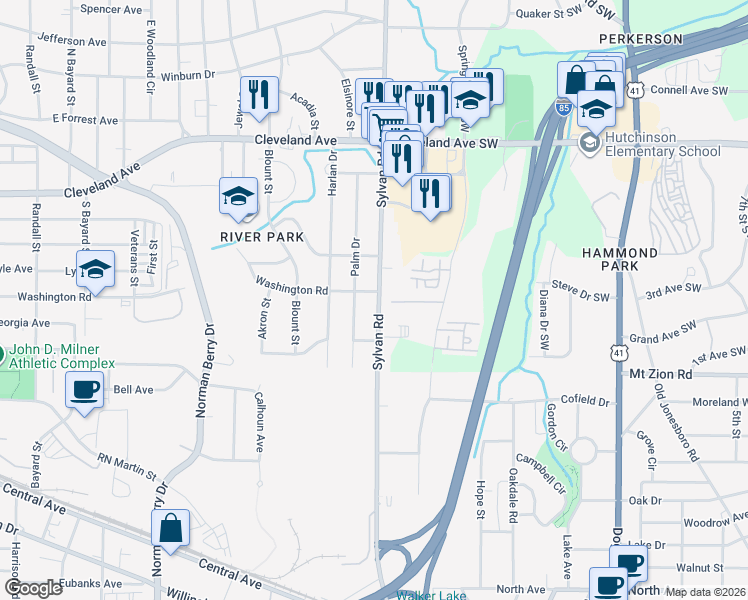 map of restaurants, bars, coffee shops, grocery stores, and more near 2936 Sylvan Road in East Point