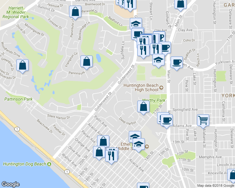 map of restaurants, bars, coffee shops, grocery stores, and more near 19686 Surfbreaker Lane in Huntington Beach