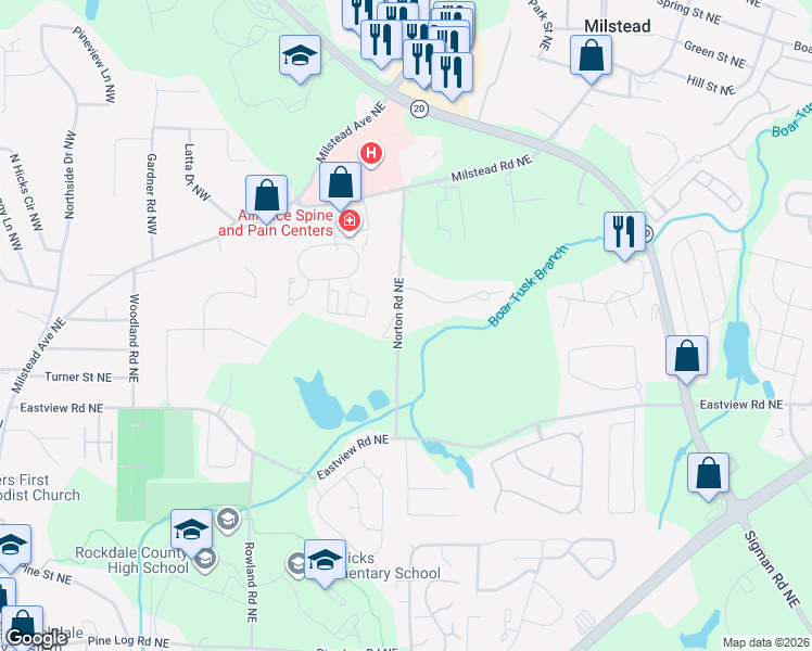 map of restaurants, bars, coffee shops, grocery stores, and more near 1255 Norton Road Northeast in Conyers