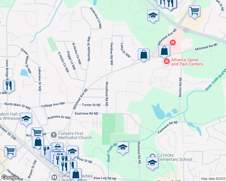 map of restaurants, bars, coffee shops, grocery stores, and more near 1216 Valley Drive Northeast in Conyers