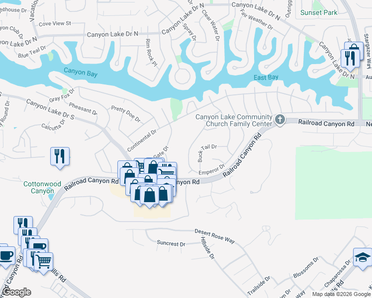map of restaurants, bars, coffee shops, grocery stores, and more near 31196 Emperor Drive in Canyon Lake
