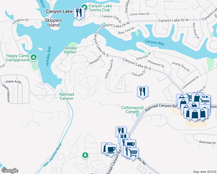 map of restaurants, bars, coffee shops, grocery stores, and more near 30610 Early Round Drive in Canyon Lake