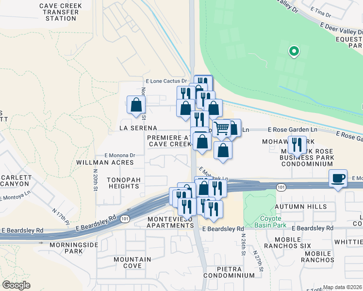 map of restaurants, bars, coffee shops, grocery stores, and more near 20802 North Cave Creek Road in Phoenix